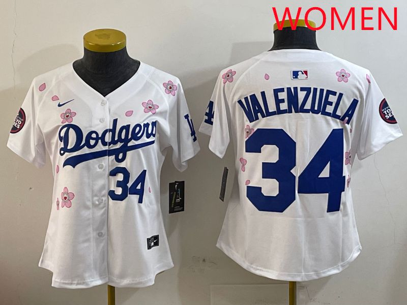 Women Los Angeles Dodgers #34 Valenzuela White Sakura Edition 2025 Nike MLB Jersey style 8